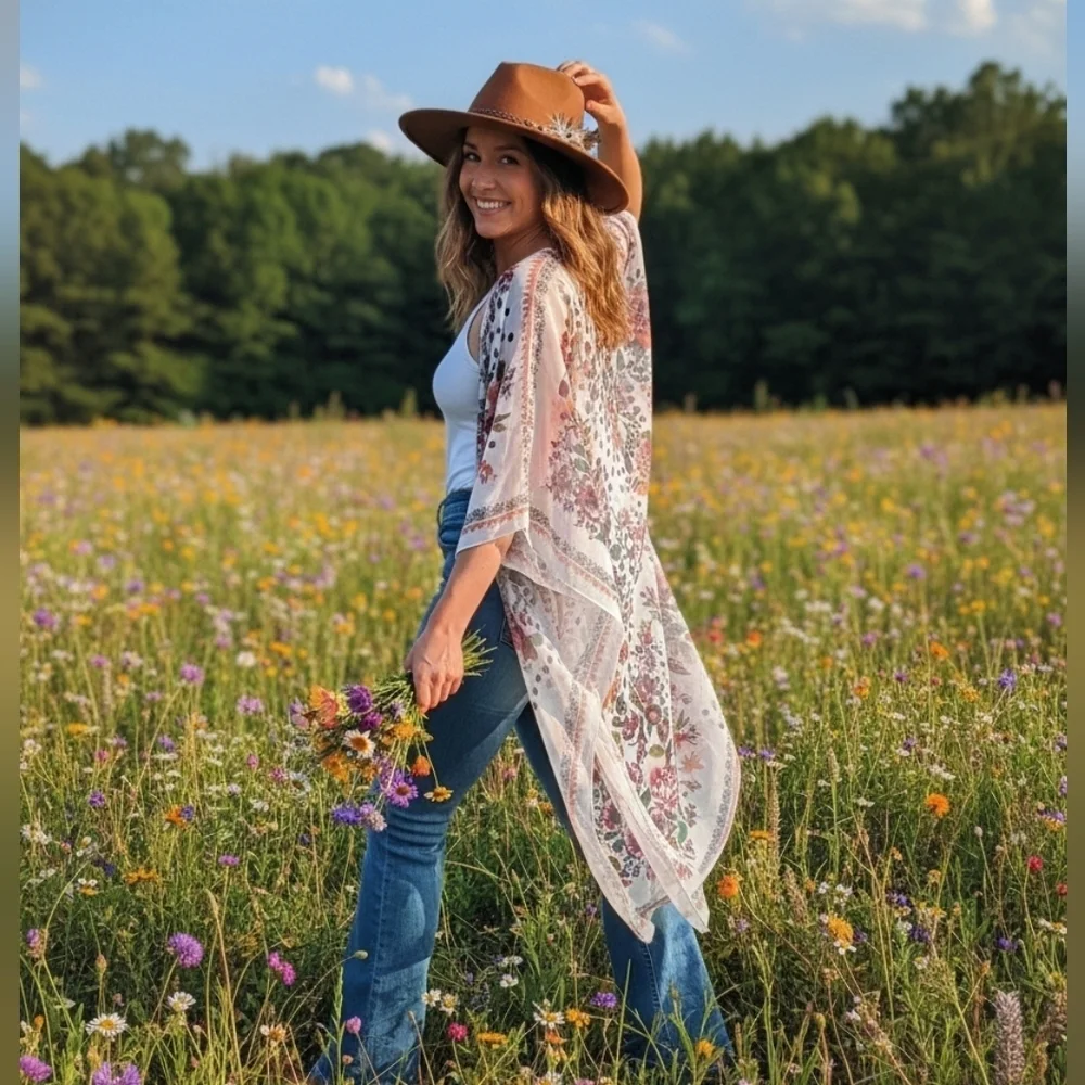 Cupshe White Floral Print Midi Side Slip Chiffon Cover Up Cardigan Kimono - Picture 1 of 7
